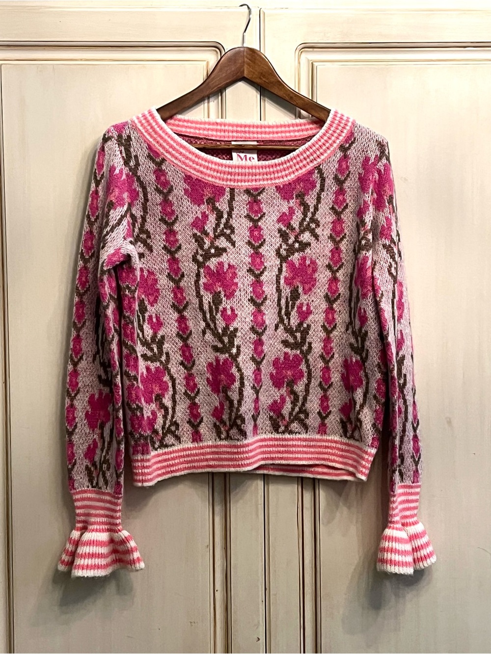 So Me Pink Floral Knit Sweater Small Coquette Cottagecore Bell Sleeve Fairycore